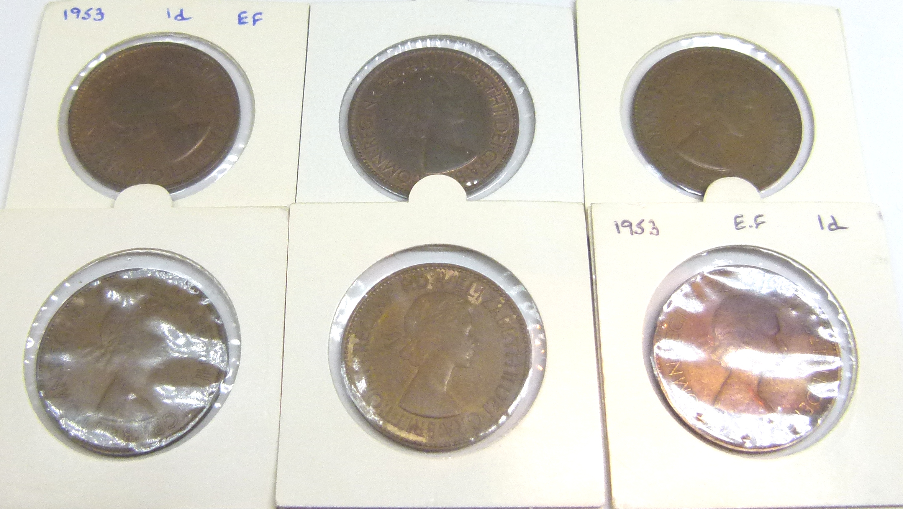 Six pennies including Queen Elizabeth 1953,