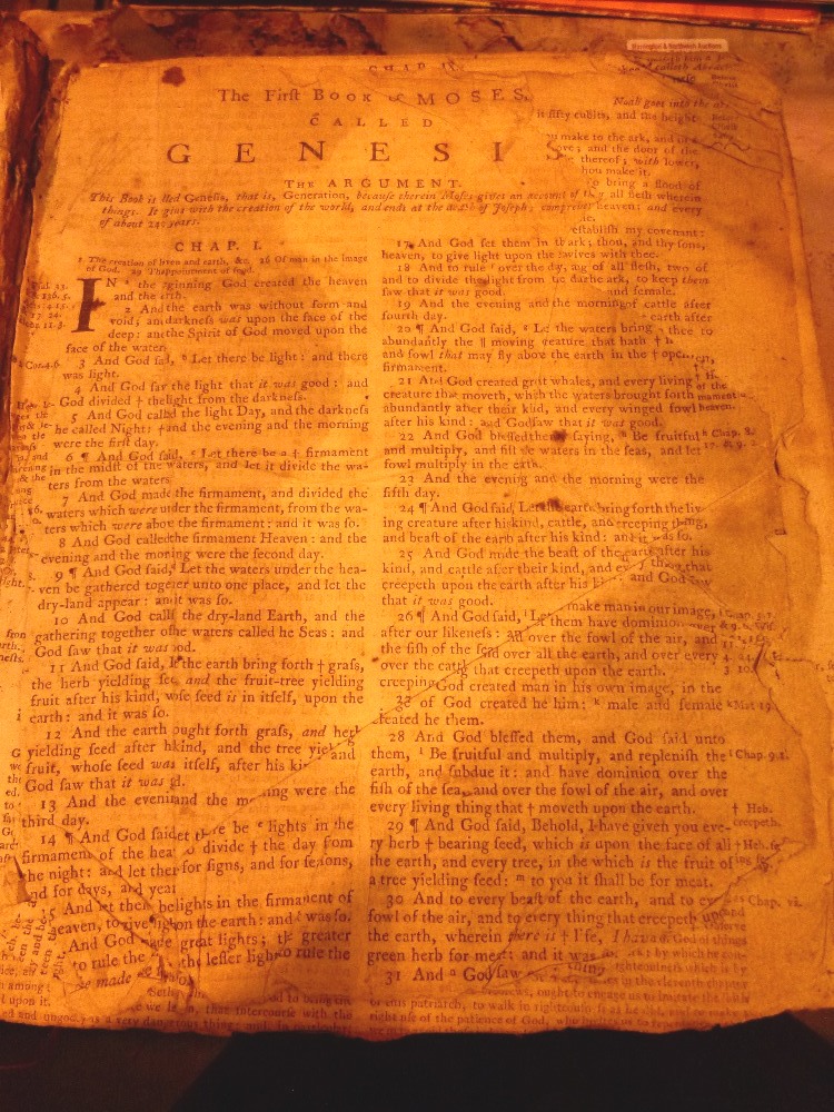 18thC Bible with practical observations, missing three pages of early Genesis,