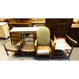Pair of oak ladderback low leather seated armchairs and two further armchairs