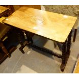 Inlaid rectangular side table with turned legs and cross stretchers