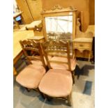 Four upholstered dining chairs and an oak dressing table top