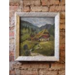 Vintage painting of German hillside farm in a painted frame