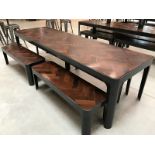 Designer steel and panga panga top table and bench set L: 300 W: 90 cm
