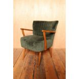 Mid Century green velour upholstered cocktail chair with beech wood arms and tapered legs H: 74 W: