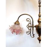 Victorian brass 3 arm chandelier with pink floral glass shades H : 48 cm