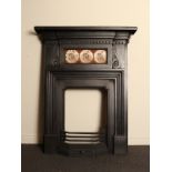 Victorian cast iron combination fireplace with detailed floral tiles in brown and purple H;