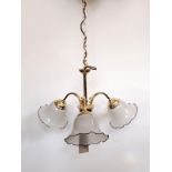 Victorian style polished brass chandelier with frosted glass floral shades H: 75 W: 50 cm