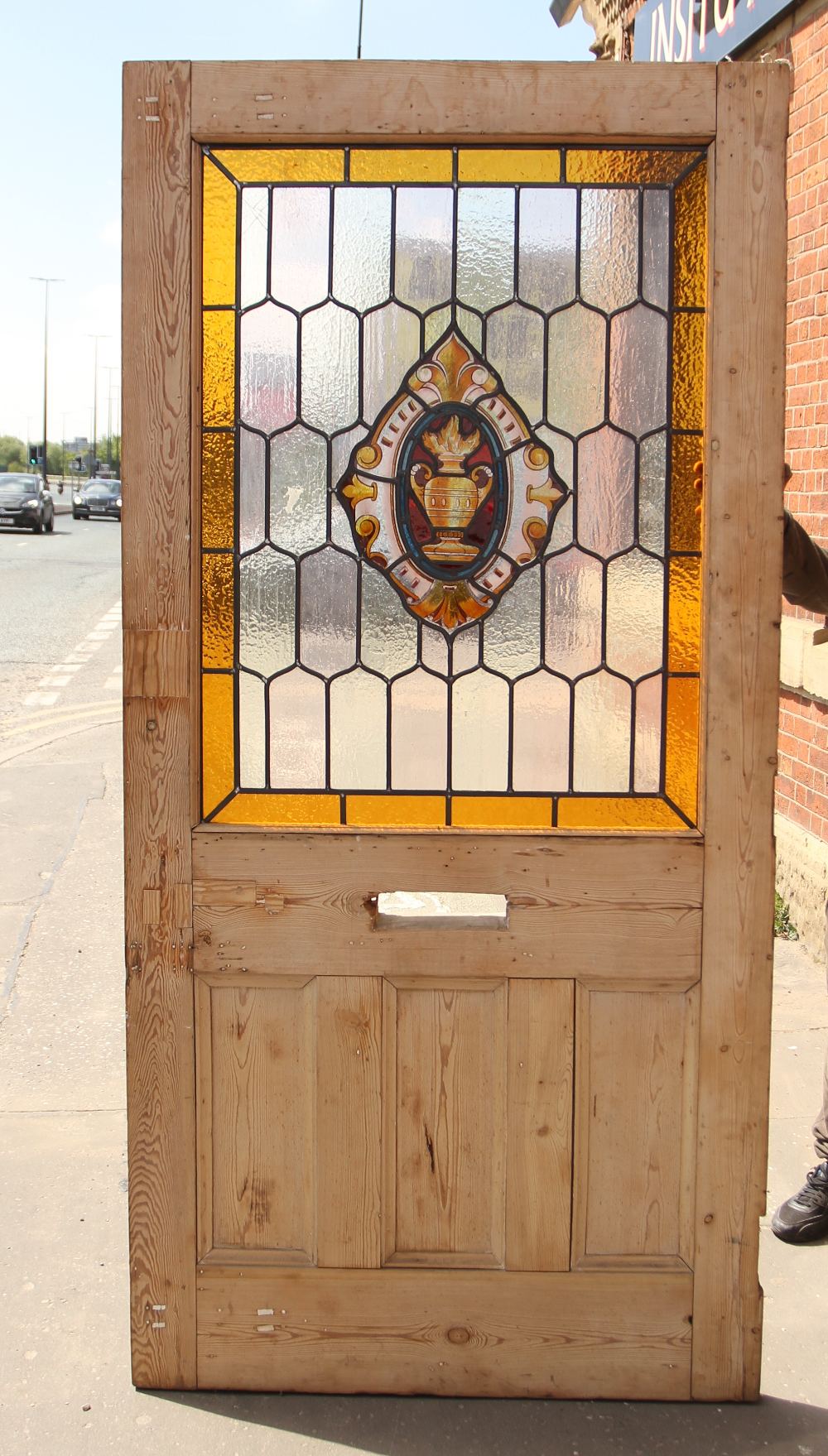 Gothic pine 1 over 3 leaded glass door with central urn stained glass design H: 226 W: 109 cm