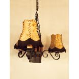 Black Forest three-branch wrought iron light fitting with original Germanic shades H : 88 cm