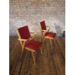 Mid Century beech frame and faux red leather chair with armrest (pair) H: 85 W: 54 cm