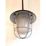 Industrial enamel pendant marine cage pendant with opaque glass shade H: 88 cm