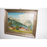 A Mid Century oil painting of an Alpine scene in a light gold frame
