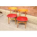 Mid Century beech wood dining chairs with red vinyl seat cushion ( 4 items )