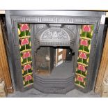 Victorian cast iron fireplace insert with dome canopy and pink floral tiles 96 x 96 cm
