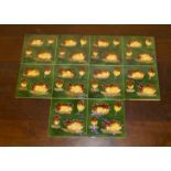 A quantity of 10 Victorian style glazed green tiles with yellow and brown tulip design 15 x 15 cm