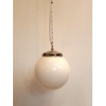 Mid Century opaline globe pendant with chrome gallery,