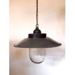 Industrial enamel Czech pendant light with clear shade H: 90 W: 45 cm