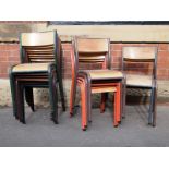 A set of 6 Mid Century bent plywood and steel frame multi colour school chairs H : 76 W : 39 cm