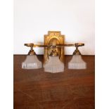 Victorian brass 3 arm wall light coming with large ornate sconce and frosted embossed shades H :