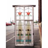 1930's stained glass tulip design 4 panel window in wooden frame H: 197 W: 91 cm