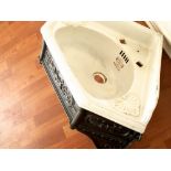 Victorian porcelain corner wash basin on cast bracket H: 30 W: 42 cm