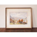 Signed Wyn Hyde framed watercolour depicticting a small lake with orange trees H : 24 cm L: 34 cm