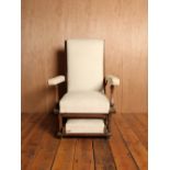 Victorian oak and iron reclining armchair upholstered in a cream cotton fabric H : 109 W : 75 cm