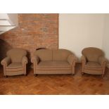 Art Deco 1920's/30's reupholstered 3 piece suite comprising a 2 seater sofa and 2 matching