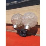 Mid Century wall mounted light with 2 frosted glass globe shades embossed in floral design H;