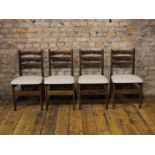 A set of 4 1970's teak upholstery dining chairs with slender slated back rest H : 84 W : 45 cm