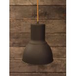 Three contemporary aluminium pendant lights in dark grey with yellow inner and twisted cord H: 26