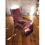 Mid Century teak and violet velvet archair with extendable footrest in leather H : 105 cm W : 69 cm