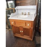 Victorian marble and pine washstand with integrated porcelain swivel basin and solid brass taps H :