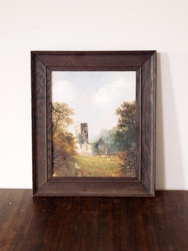 Oak framed oil painting of church and grounds 34 x 19 cm