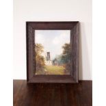 Oak framed oil painting of church and grounds 34 x 19 cm