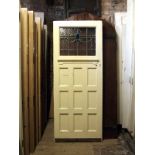 1930's painted pine leaded glass exterior door with window top rail H: 202 W: 81 cm