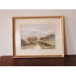 Signed Wyn Hyde framed watercolour depicticting a small lake with distant hill landscape H : 24 cm