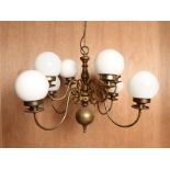 Victorian brass 8 arm chandlelier with small opaline globe shades and brass sphere H : 102 cm