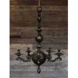 Victorian brushed brass 5 arm chandelier with spherical design and candle lamp holders H : 95 cm