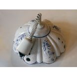 Mid Century glazed ceramic rise and fall pendant light in white with blue hand painted floral