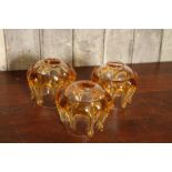 3 Mid Century amber and clear glass shades with volcanic lava design H: 11 cm