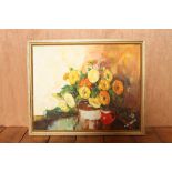 20thC oil painting of a vibrant coloured bunch of flowers,