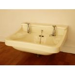Art Deco porcelain yellow/cream wash basin with chrome taps and plug H: 65 W: 36 cm