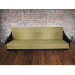 Mid Century black faux leather and olive upholstered day bed with beech wood legs H : 75 L : 200 cm