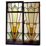 Pair of Art Deco style windows with coloured glass panels H: 120 W: 48 & 52 cm