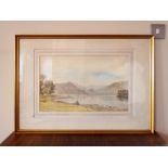 David OPM Harrison framed watercolour picture of lake trees either hill side H: 34 L : 52 cm