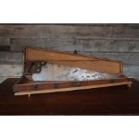 Antique crosscut saw coming with stained oak handle and teak carry box L : 90 cm