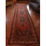Antique Persian runner with 3 borders, a long linear central design and green,