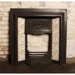 Victorian cast iron fire insert with white tiles and small floral pattern repeat 97 x 97 cm