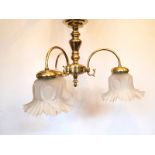 Victorian style brass and 3 arm chandelier with frosted glass floral shades H: 31 W: 48 cm